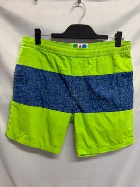 Vintage 90s Men's Lime Green Swim Shorts Navy Graphic Stripe Cotton Medium
